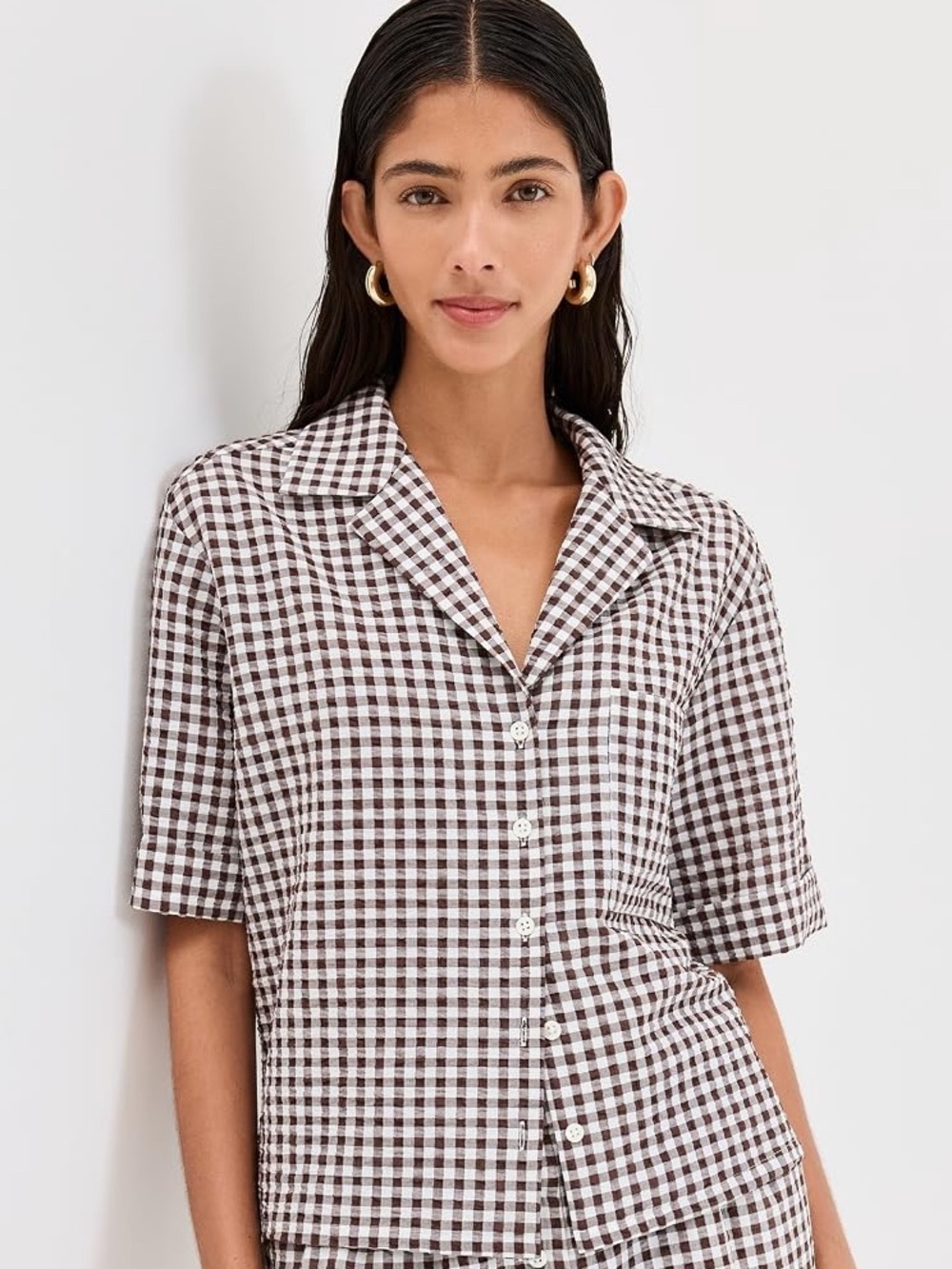 STAUD Gabi Shirt in Dark Chocolate Gingham in Size Small